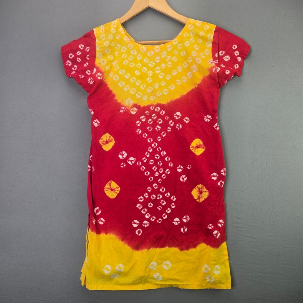 Unbranded Bandhani Tie Dye Tunic Top Small Red Yellow Cotton Boho Festival 2842